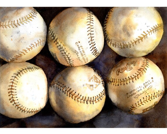 baseball painting original watercolor painting of baseballs etsy etsy