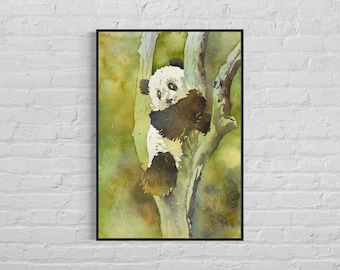 Colorido arte de pared panda oso paisaje pintura decoración de la habitación del niño arte animal tendencia ahora artículo hecho a mano paisaje de acuarela (arte original)