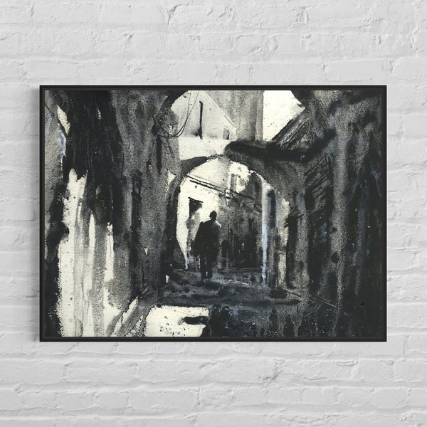 Painting medina Tunis Tunisia, B&W artwork Tunisia alleyway watercolor Tunis medina black white artwork home decor giclee travel art (print)