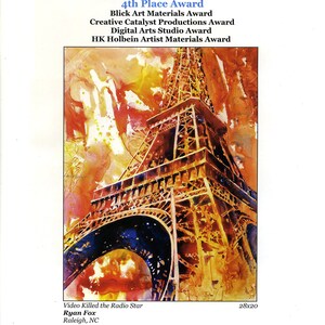 May include: A watercolor painting of the Eiffel Tower in Paris, France. The painting is done in shades of orange, yellow, and red. The title of the painting is "Video Killed the Radio Star" by Ryan Fox, Raleigh, NC. The painting is 28 inches by 20 inches.