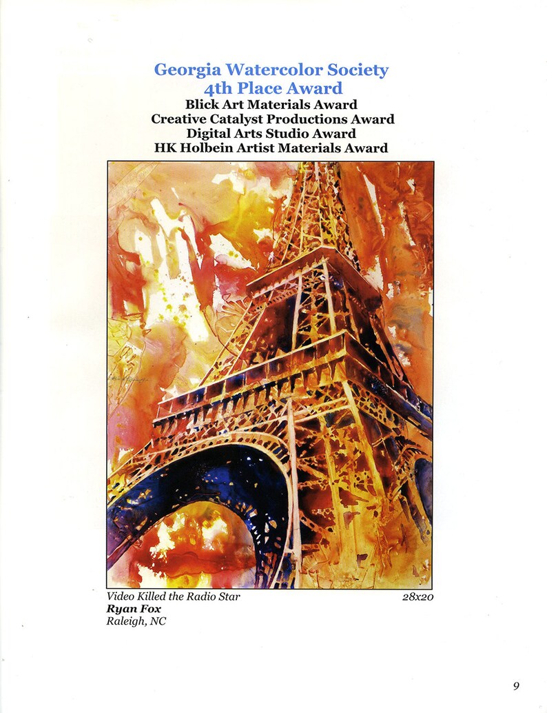 May include: A watercolor painting of the Eiffel Tower in Paris, France. The painting is done in shades of orange, yellow, and red. The title of the painting is "Video Killed the Radio Star" by Ryan Fox, Raleigh, NC. The painting is 28 inches by 20 inches.