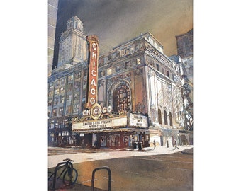 Painting Chicago Theatre sunset downtown Chicago sunset fine art original watercolor painting Chicago architecture city art house (original)