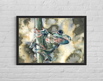 Colorful watercolor painting frog artwork, fine art wildlife painting amphibian toad giclee trendy wall art handmade home decor (print)