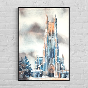 Duke Chapel on Duke University campus- Durham, North Carolina (USA). Duke Chapel art. Duke University watercolor painting fine art (print)