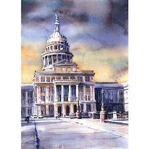 Aquarell Sonnenuntergang Austin Texas Cap Hülle Skyline Gemälde, Innenarchitektur trendy Wandkunst handgemachtes Einzelteilkunst für Hausgicleekunstwerk (Druck)