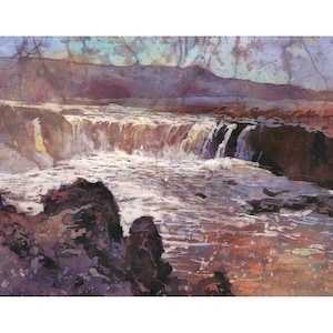 Acquerello islandese Godafoss, dipinto batik colorato, elementi essenziali da viaggio, arte paesaggistica islandese per la casa, oggetto fatto a mano, tappeto da parete (stampa)