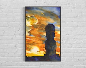 Moai statue silhouetted at sunset on Easter Island, Chile. Sunrise Easter Island art watercolor landscape painting moai watercolor (print)