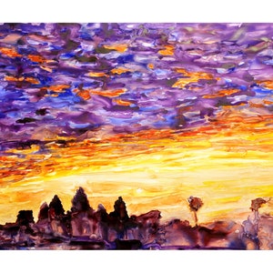Angkor Wat Sunset Watercolor Painting, Cambodia Landscape Wall Art, Colorful Travel Decor, Archaeology Ruins Print, Giclee Home Accent