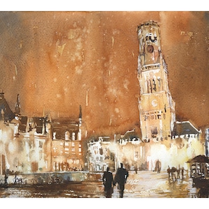 Watercolor painting Bruges Belgium, travel wall art Europe handmade home decor, colorful painting Bruges skyline religious art city (print)