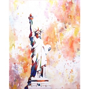 May include: A watercolour painting of the Statue of Liberty in a vibrant colour palette. The background is a soft wash of pink, orange, and yellow with white splatters.