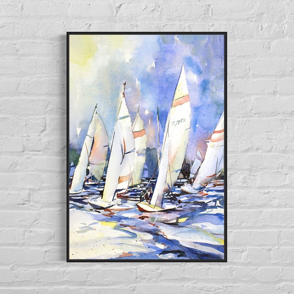 Pintura acuarela de carreras de barcazas en regata: Torch Lake en Michigan. Pintura de barcos decoración del hogar, pintura náutica de acuarela azul (impresión)