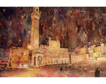 Siena Piazza Del Campo Art Print From an Original Watercolor