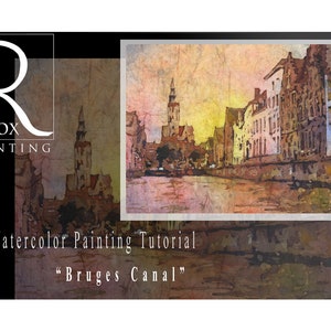 Learn to paint watercolor batik tutorial. Bruges canal watercolor batik painting tutorial, art lesson PDF painting lesson batik art Belgium