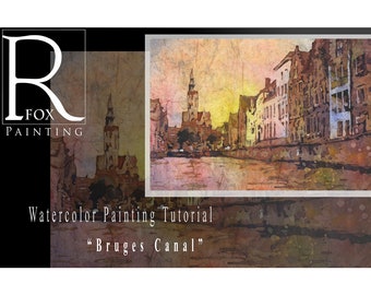 Learn to paint watercolor batik tutorial. Bruges canal watercolor batik painting tutorial, art lesson PDF painting lesson batik art Belgium