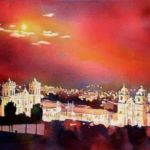 Acquerello originale di Cusco, Perù, Valle Sacra, Plaza de Armas, Paesaggio, Belle Arti, Decorazione per la casa, Accent da viaggio