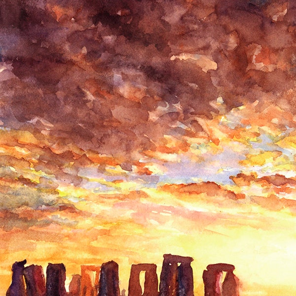 Sunset silhouetting monolithic ruins of Stonehenge- United Kingdom.  Painting Stonehenge art.  Watercolor Stonehenge.  Watercolor (print)