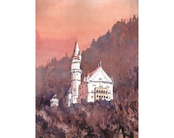 Schloss Neuschwanstein Aquarell Landschaft Bayern Deutschland Malerei bunte Wand Kunst Kunstwerk Reise Schloss bayerischen home Dekor (original)