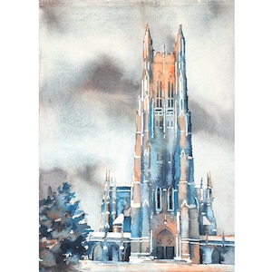 Duke Chapel on Duke University campus- Durham, North Carolina (USA). Duke Chapel art. Duke University watercolor painting fine art (print)