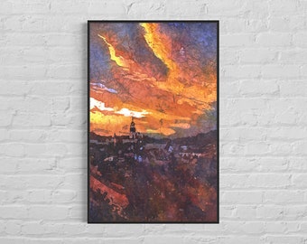 Watercolor painting Tabor Czech Republic sunset landscape,  Europe home decor handmade item trendy wall art travel essential giclee (print)