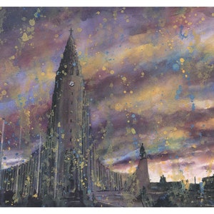 Chiesa islandese nel centro di Reykjavik al tramonto. Acquerello dipinto paesaggio islandese Hallgrimskirkja chiesa opera d'arte decorazione Reykjavik (stampa)