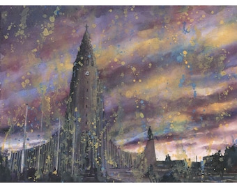 Reykjavik travel essentials Iceland church downtown art house watercolor painting Iceland Hallgrimskirkja landscape handmade item (print)