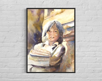 Watercolor portrait girl Angkor Wat Cambodia colorful wall art, Asian home decor ruins Cambodia archaeology travel wall art ruins (print)