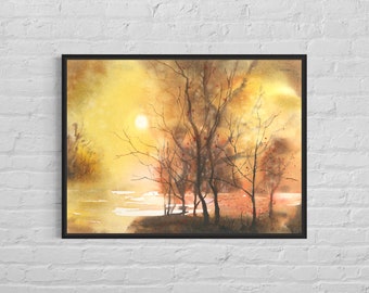 Colorful sunset landscape watercolor painting, forest art for house sunset apartment trendy wall art handmade home decor (original painting)