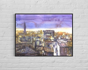 Watercolor painting Florence Italy artwork, fine art painting Italy trendy wall art Palazzo Vecchio watercolor landscape Tuscany (original)