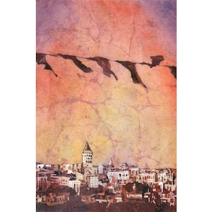 Istanbul Galata Tower Watercolor Painting: Sunset Cityscape Art Print