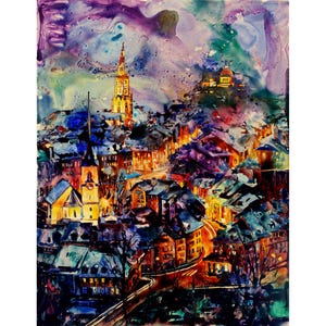 Bern Switzerland skyline watercolor painting sunset fine art cityscape Bern sunset home decor handmade item travel essentials giclee (print)
