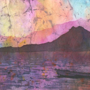 Colorful watercolor Lake Atitlan sunset batik painting boat volcano Guatemalan landscape travel poster handmade home decor giclee (print)