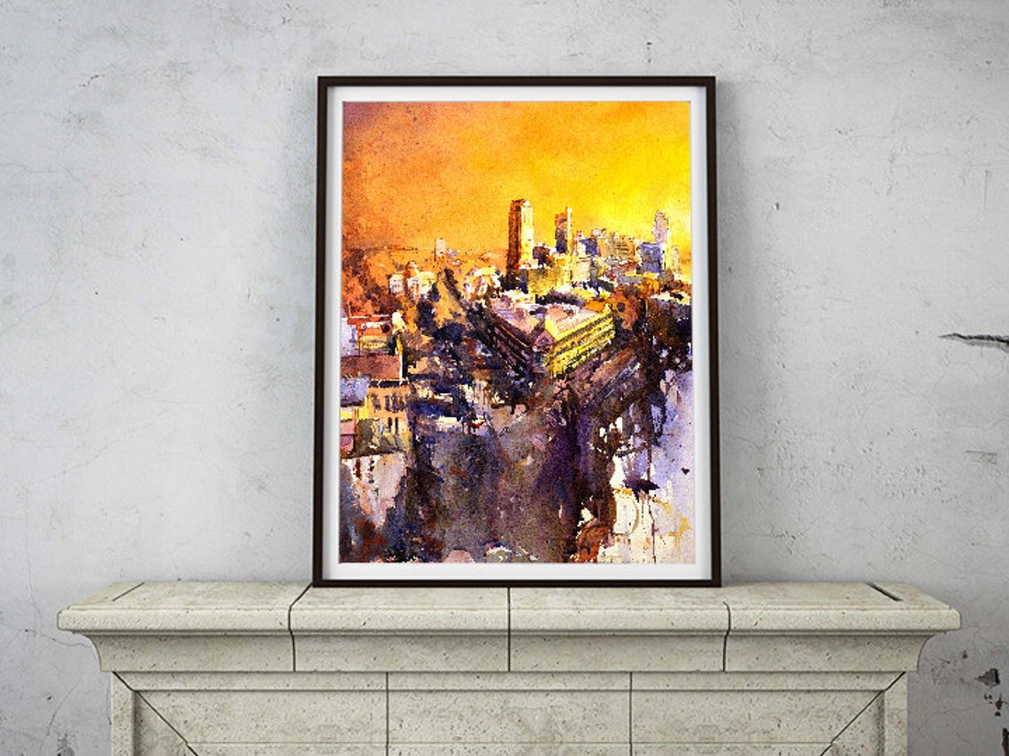 Raleigh skyline at sunset North Carolina. Watercolor Etsy