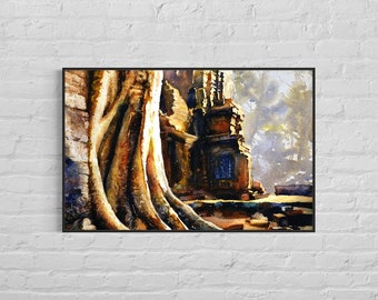 Ruins of Khmer monastery of Ta Prohm- Angkor Wat ruins, Cambodia.  Watercolor print Ta Prohm art landscape painting decor Angkor (print)