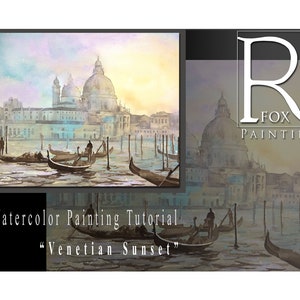 Aprende a pintar el atardecer de Venecia, Italia lección de acuarela PDF. Lección de acuarela, tutorial de arte, acuarela Góndola de Venecia Italia arte acuarela imagen 1