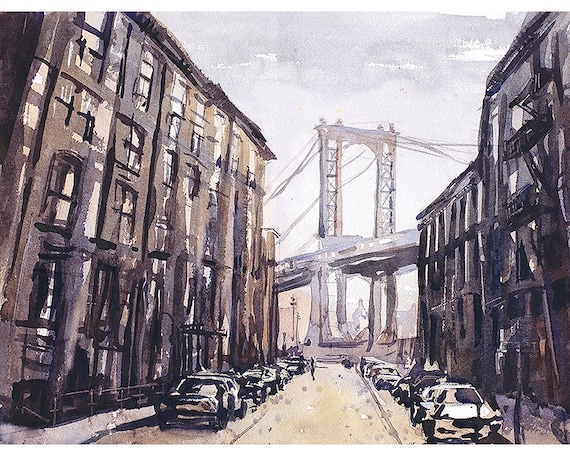 カラフルな水彩画、ブルックリン橋、ニューヨークのスカイライン