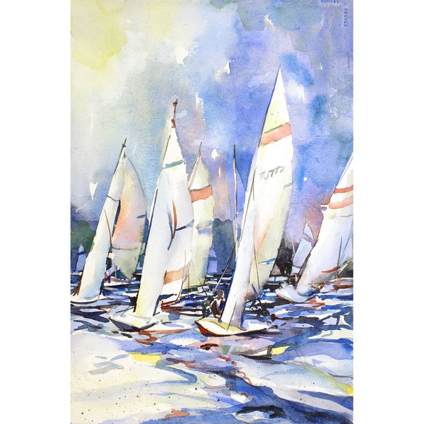 Watercolor painting of scow racing in regatta- Torch Lake in Michigan. Boat painting home decor, watercolor nautical painting blue (print)