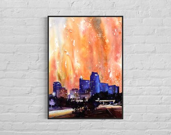 Raleigh NC skyline schilderij aquarel landschap trendy kunst aan de muur, handgemaakt item interieur architectuur print reizen essentieel (print)