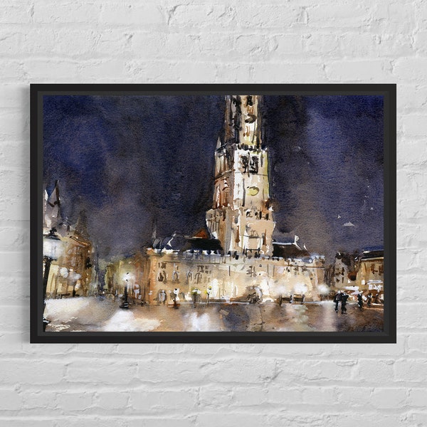 Watercolor painting Bruges Belgium, belfry skyline artwork handmade item architecture print trendy wall art landscape painting city (print)