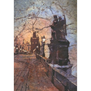 Charles Bridge in medieval city of Prague- Czech Republic.  Prague Charles Bridge watercolor batik art fine art Prague home decor colorful