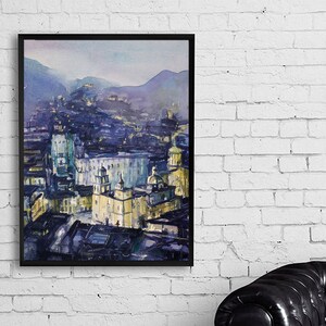 May include: A watercolor painting of a city skyline with buildings and hills in the background. The city is painted in shades of blue, purple, and yellow. The sky is a light blue with a hint of pink.