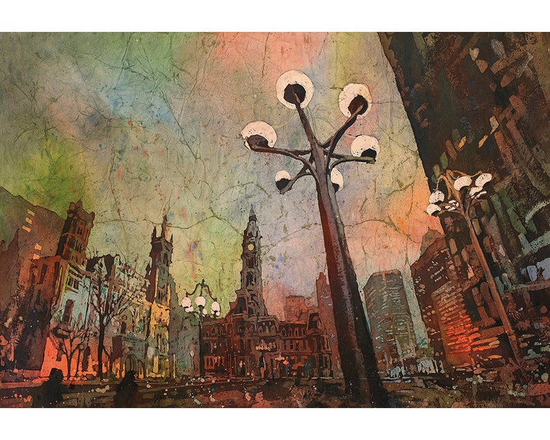 Pennsylvania Batik painting watercolor painting art Philadelphia skyline artwork watercolor batik Philly Philadelphia City Hall at dawn
