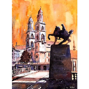 Watercolor painting Zurich Switzerland church fine art print European landscape Switzerland medieval home decor handmade item giclee (print)