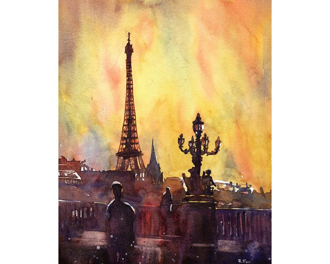 Eiffel Tower at Sunset in Paris France Watercolor Painting - Etsy