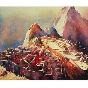 Machu Picchu ruins Peru painting Peruvian home decor fine art sunset painting South America watercolor landscape art for house (print)