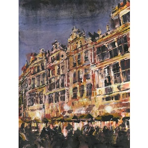 Colorful watercolor Brussels Belgium cityscape artwork handmade item, bright wall art home decor travel essentials Europe giclee (print)