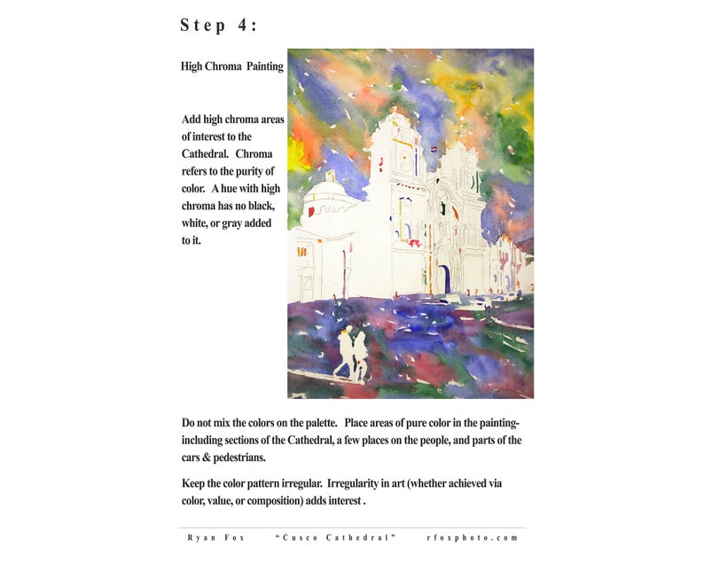 Watercolor Painting Tutorial PDF learn to paint colorful watercolors with energetic colors. Cusco Cathedral watercolor lesson tutorial. image 3