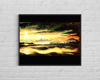 New Zealand landscape painting wall art print, New Zealand lake watercolor art New Zealand landscape painting home decor mountain (print)