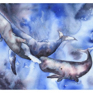 Whale and sperm whale swimming in ocean.  Watercolor painting whales in ocean blue gray nautical artwork sperm whale decor fine art (print)