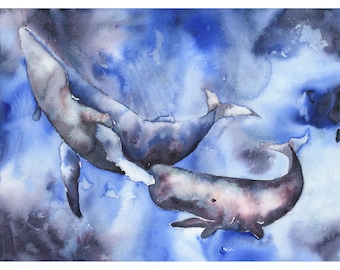 Whale and sperm whale swimming in ocean.  Watercolor painting whales in ocean blue gray nautical artwork sperm whale decor fine art (print)