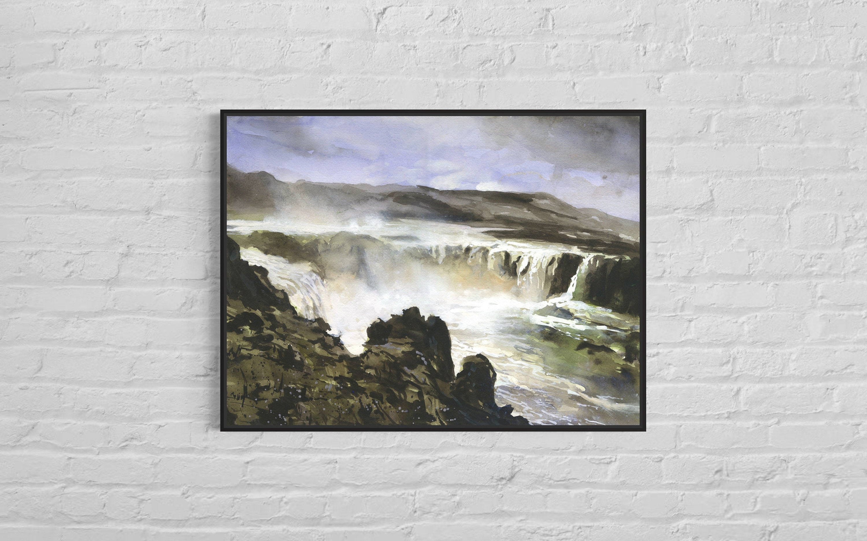 Godafoss Waterfall Watercolor Painting: Icelandic Landscape Art (print ...